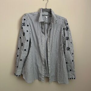 Chico's Long Sleeve Blue and White Striped Blouse with Embroidery Size 2.5/US 14